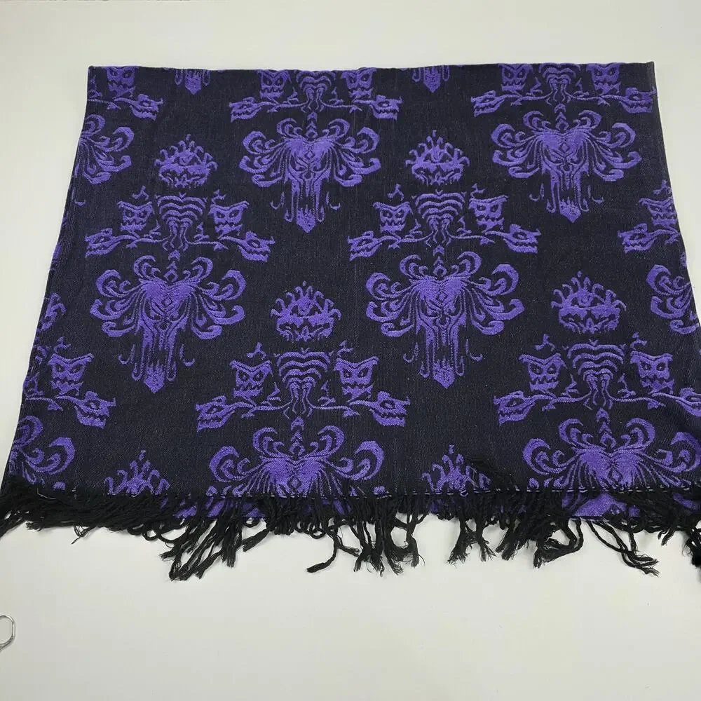 Disney Parks Scarf One Size Purple Black Haunted Mansion Reversible Fringe‎